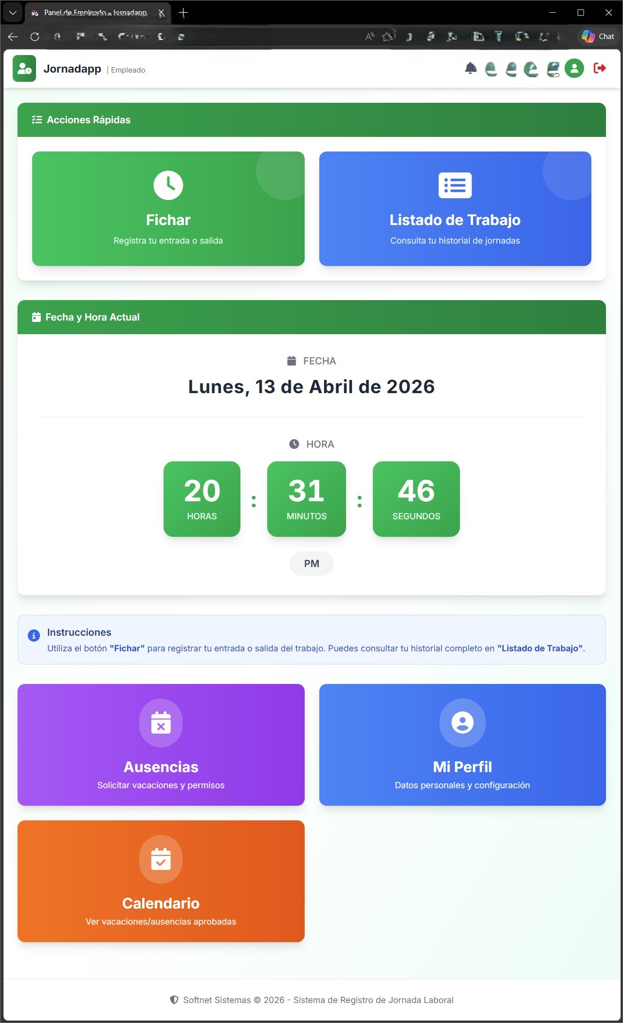 Panel de inicio del empleado con acceso a fichaje, jornadas y ausencias