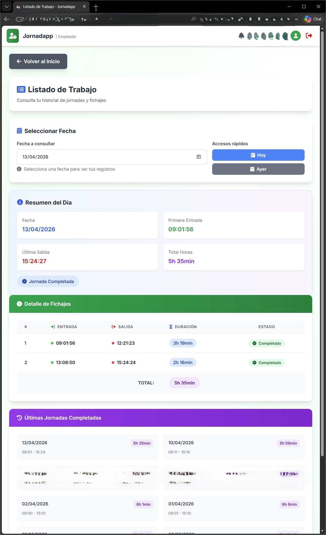 Consulta del empleado de sus fichajes y jornadas anteriores